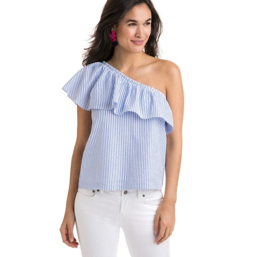 NWT Vineyard Vines Seersucker One Shoulder Ruffle Top Size 8